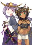  animal_ears armband badominton bastet_(p&amp;d) black_hair cat_ears dark_skin green_eyes hakama haori japanese_clothes katana long_hair midriff navel purple_hair puzzle_&amp;_dragons scabbard sheath simple_background sword tubetop twintails very_long_hair violet_eyes weapon white_background yomi_(p&amp;d) 