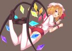 1girl ass blonde_hair fang flandre_scarlet garter_straps hat loafers looking_at_viewer lying on_stomach open_mouth ponkotsu_(ayarosu) red_eyes shoes shorts smile solo thigh-highs touhou v white_legwear wings wrist_cuffs 