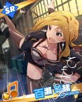  1boy 1girl :d breasts brown_hair business_suit character_name cleavage earrings gun holster idolmaster idolmaster_million_live! jacket jewelry kicking knife momose_rio musical_note necklace official_art open_mouth revolver skirt smile sunglasses thigh-highs thigh_holster violet_eyes weapon 
