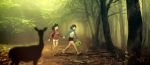  2girls ahoge black_eyes black_hair deer forest hairband highres holding_hands hoodie multiple_girls nature original path road shoes short_hair shorts signature silhouette smile sneakers thomas_hewitt track_jacket tree watering_can 