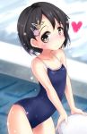  1girl black_hair blush brown_eyes bunny_hair_ornament hair_ornament hairclip highres idolmaster idolmaster_cinderella_girls looking_at_viewer natsu_(anta_tte_hitoha) one-piece_swimsuit sasaki_chie short_hair smile solo swimsuit wet 