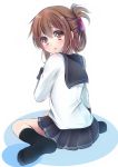  1girl brown_eyes brown_hair half_updo inazuma_(kantai_collection) kantai_collection looking_at_viewer looking_back open_mouth personification sitting solo suitenjh tears wariza 