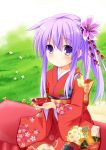  1girl choujigen_game_neptune flower hair_flower hair_ornament japanese_clothes kimono long_hair nepgear purple_hair smile solo taka_(suigendou) violet_eyes 