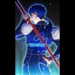  1boy blue_hair dated earrings fate/stay_night fate_(series) from_behind gae_bolg glowing glowing_eyes jewelry lancer long_hair pillarboxed polearm ponytail red_eyes san_moto solo spear weapon 