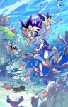  3boys algae barnacle black_hair blonde_hair bubble chain character_request clam clenched_teeth coral coral_reef fish flippers goggles hand_on_another&#039;s_shoulder jellyfish jewelry kaiba_seto kushabiria male manjoume_jun millennium_puzzle multicolored_hair multiple_boys mutou_yuugi no_nipples ocean octopus purple_hair rock sand sea_urchin seaweed shark shirtless smile spiky_hair starfish sweat swim_trunks swimming underwater violet_eyes water yami_yuugi yuu-gi-ou yuu-gi-ou_duel_monsters 