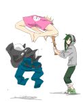  1boy 1girl absurdres baseball_bat green_eyes green_hair highres hoodie jumping kagerou_project kano_shuuya kido_tsubomi komai_(reed_arrow) long_hair lupin_dive nail nail_bat short_hair shorts underwear undressing weapon 