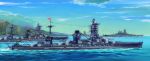  battleship cannon commentary_request fusou_(battleship) highres hyuuga_(battleship) imperial_japanese_navy ise_(battleship) japanese_flag military nagato_(battleship) no_humans ocean rising_sun ship turret warship world_war_ii yamato yuya 