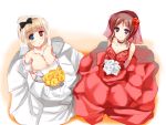  2girls blush bouquet breasts choker cleavage dress flower formal from_above fukuji_mihoko hair_bun hair_flower hair_ornament hair_ribbon hair_up heterochromia holding holding_flower jewelry large_breasts looking_at_viewer looking_up multiple_girls necklace piaroo red_dress ribbon saki simple_background takei_hisa veil wedding_dress white_dress 