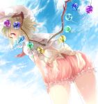  1girl blonde_hair bloomers blue_sky blush bow clouds cloudy_sky flandre_scarlet hat highres large_bow looking_back popsicle red_eyes revision shima_(si04ma82) short_hair side_ponytail sky solo touhou underwear wind_chime wings 