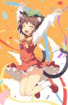  1girl :d \o/ ^_^ animal_ears arms_up blush bow brown_hair cat_ears cat_tail chen closed_eyes confetti dress earrings hat jewelry jumping multiple_tails open_mouth outstretched_arms panties pantyshot revision short_hair smile solo tail touhou underwear white_panties yamasan 