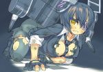  1girl black_hair breasts checkered_necktie damaged eyepatch fingerless_gloves gloves headgear kantai_collection large_breasts looking_at_viewer machinery personification pomelocandy short_hair solo sweatdrop tenryuu_(kantai_collection) thighhighs torn_clothes turret yellow_eyes 