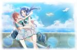  2girls blue_eyes blue_hair brown_hair closed_eyes hiradaira_chisaki hug long_hair mukaido_manaka multiple_girls nagi_no_asukara ringoro sailor_dress school_uniform side_ponytail smile 