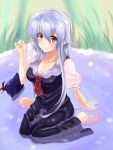 1girl absurdres barefoot blue_hair breasts cleavage collarbone dress glint grass hat hat_removed headwear_removed highres in_water kamishirasawa_keine kamo_(yokaze) long_hair puffy_short_sleeves puffy_sleeves raised_hand red_eyes revision short_sleeves sitting smile solo touhou wariza wet wet_clothes 