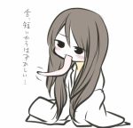  1girl blush brown_hair head_tilt japanese_clothes kimono long_hair long_tongue lowres original poaro prehensile_tongue simple_background sitting solo tongue tongue_out translation_request very_long_hair white_background 