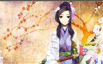  1girl black_hair branch calm character_request copyright_name dated facing_viewer fan flower folding_screen hair_ornament highres japanese_clothes katana kimono leaf_print light_smile lips logo long_hair poaro ponytail sengoku_wars sheath sheathed solo sword tree weapon yellow_eyes 
