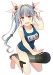  1girl blue_hair breasts cannon hair_ribbon i-19_(kantai_collection) kantai_collection long_hair name_tag ohashi0 open_mouth personification red_eyes ribbon school_swimsuit smile solo swimsuit torpedo twintails 