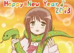  1girl 2013 blush_stickers brown_hair bubble_background green_eyes happy_new_year matsumi_yuu musical_note new_year nyagoro open_mouth orange_background saki smile snake solo 