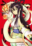  1girl absurdres bare_shoulders brown_hair detached_sleeves dragon highres izanami_(p&amp;d) kagutsuchi_(p&amp;d) kinggainer long_hair looking_at_viewer puzzle_&amp;_dragons smile yellow_eyes 