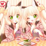  2girls animal_ears blonde_hair bow cake cup eating fang food fox_ears green_eyes hair_bow hanakomiti heart japanese_clothes kimono multicolored_hair multiple_girls open_mouth original siblings sisters sitting spoken_heart striped striped_background sweets teacup twins two-tone_hair wink 