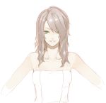  1girl bare_shoulders brown_hair facing_viewer green_eyes hair_over_one_eye lips long_hair outstretched_arms parted_lips phantasy_star phantasy_star_online_2 poaro simple_background solo spread_arms tube_dress white_background 