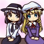  2girls :o black_hair blonde_hair blue_eyes blush_stickers bow chibi dress dress_shirt gradient gradient_background grey_eyes hair_bow hands_in_lap hat hat_ribbon head_tilt juliet_sleeves kou512a long_sleeves maribel_hearn mob_cap multiple_girls necktie pink_background puffy_sleeves purple_dress ribbon shirt sitting skirt smile touhou usami_renko 