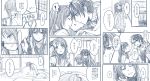  1boy 1girl blanket blush comic forehead-to-forehead fuyufuchi hiradaira_chisaki kihara_tsumugu long_hair monochrome nagi_no_asukara scarf short_hair side_ponytail smile sweater translation_request 