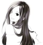  1girl hair_over_shoulder lips long_hair looking_at_viewer looking_over_shoulder monochrome off-shoulder_shirt original parted_lips poaro signature simple_background smile solo white_background 