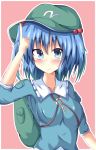  1girl backpack bag blue_eyes blue_hair blush bow hair_bow hat highres kawashiro_nitori naba_(take_tonbo) solo touhou twintails 
