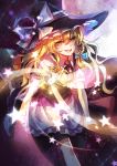  1girl blonde_hair braid broom hat kirisame_marisa long_hair magicpants master_spark moon night open_mouth ribbon smile solo touhou witch witch_hat yellow_eyes 