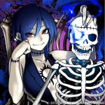  1girl abstract_background blue_hair blue_nails bone burning_eye chair character_request chin_rest copyright_name dated earrings elbow_pads grin hair_between_eyes jewelry looking_at_viewer lowres nail_polish neck_stitches poaro red_eyes ring sengoku_wars sitting skeleton skull smile smoke stitches sun_tattoo tattoo 