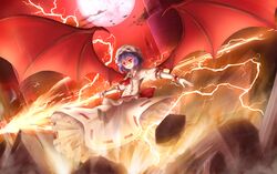  1girl asakurashinji ass bat bat_wings blue_hair broken_ground brooch clouds dress full_moon hat hat_ribbon highres jewelry light_trail lightning mob_cap moon night outstretched_arms red_eyes red_string remilia_scarlet ribbon sash scarlet_devil_mansion solo spear_the_gungnir string touhou white_dress wings wrist_cuffs 