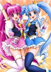  2girls aino_megumi black_legwear blue_dress blue_eyes blue_hair blush boots bowtie brooch crown cure_lovely cure_princess dress earrings frills happinesscharge_precure! holding_hands jewelry long_hair magical_girl mattsua mini_crown multiple_girls necktie payot pink_dress pink_eyes pink_hair ponytail precure puffy_sleeves shirayuki_hime skirt smile thigh_boots thighhighs twintails white_legwear wrist_cuffs 