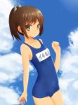  1girl bare_shoulders blush brown_eyes brown_hair highres i-401_(kantai_collection) kantai_collection looking_at_viewer negishio one-piece_swimsuit personification ponytail school_swimsuit short_hair short_ponytail smile solo swimsuit 