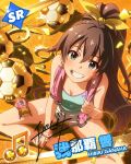  :d aqua_eyes ball black_hair breasts character_name cleavage confetti earrings ganaha_hibiki grin idolmaster idolmaster_million_live! jewelry lens_flare long_hair looking_at_viewer musical_note official_art open_mouth ponytail shorts smile soccer_ball sweat towel 