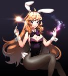  1girl animal_ears anpolly bowtie brown_hair bunny_girl bunnysuit detached_collar fishnet_pantyhose fishnets long_hair original pantyhose rabbit_ears sitting violet_eyes wand wrist_cuffs 