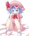  1girl ass blue_hair brooch commentary_request dress hat hat_ribbon jewelry looking_at_viewer mob_cap pink_dress pink_eyes puffy_sleeves remilia_scarlet ribbon short_sleeves sitting smile solo touhou youki_(yuyuki000) 