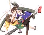  2girls archery arrow black_hair black_legwear blush bow_(weapon) brown_eyes brown_hair flight_deck hiryuu_(kantai_collection) japanese_clothes kaga_(kantai_collection) kantai_collection kyuudou multiple_girls muneate nisehoya open_mouth personification quiver short_hair side_ponytail single_glove skirt thigh-highs twintails weapon yugake 