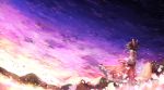  1girl bare_shoulders bow brown_hair clouds detached_sleeves dress hair_bow hakurei_reimu highres long_sleeves mountain petals ponytail red_dress risutaru solo star_(sky) sunset touhou wide_sleeves wind 