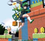  1girl black_hair boots coin coin_block cosplay hat jumping koopa_troopa long_hair luigi luigi_(cosplay) super_mario_bros. masao overalls revision smile solo super_mario_bros. 