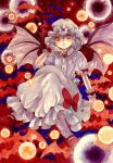  1girl bat bat_wings bow crossed_legs danmaku elbow_rest hat hat_bow lavender_hair mabiko red_eyes remilia_scarlet short_hair sitting solo touhou wings 