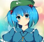 1girl blue_eyes blue_hair blush dress hair_bobbles hair_ornament hat highres kawashiro_nitori key looking_at_viewer open_mouth puffy_short_sleeves puffy_sleeves ribbon shirt short_hair short_sleeves short_twintails solo touhou twintails 