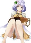  1girl bare_legs barefoot biwa_lute flower hair_flower hair_ornament hari174 holding instrument lavender_hair long_hair looking_at_viewer lute_(instrument) simple_background smile solo touhou tsukumo_benben violet_eyes white_background 