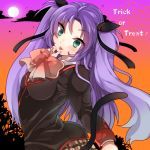  1girl green_eyes halloween juri_(nattoutomato) licking little_busters!! long_hair moon purple_hair sasasegawa_sasami school_uniform tail twintails 