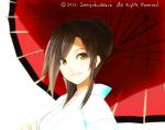  1girl brown_hair bust character_request hair_bun holding_umbrella japanese_clothes kimono lips long_hair looking_to_side oriental_umbrella parted_lips payot poaro sengoku_wars simple_background solo umbrella white_background yellow_eyes 