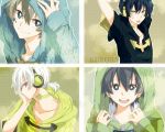  4boys asuna_(doruru-mon) black_hair blue_eyes character_name dark_konoha directional_arrow grey_hair headphones hoodie kagerou_project kokonose_haruka konoha_(kagerou_project) konoha_no_sekai_jijou_(vocaloid) looking_at_viewer mole multiple_boys multiple_persona necktie open_mouth outer_science_(vocaloid) red_eyes short_hair smile summertime_record_(vocaloid) tongue tongue_out white_hair yellow_eyes yuukei_yesterday_(vocaloid) 