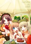  3girls animal animal_ears blonde_hair blue_eyes book brown_hair cake cup eating food fork fox french friends gazebo hanakomiti hat highres long_hair multiple_girls nature orange_eyes original red_eyes school_uniform short_hair tea teacup teapot twintails wink 