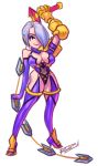  1girl boots breasts chibi choker clothed_navel elbow_gloves gauntlets gloves hair_over_one_eye isabella_valentine large_breasts leotard mismatched_gloves purple_gloves purple_legwear revealing_clothes robert_porter short_hair silver_hair smile solo soulcalibur thigh-highs thigh_boots violet_eyes weapon whip_sword 