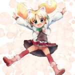  1girl :d \o/ animal_ears aqua_eyes arms_up blonde_hair boots cat_ears cropped_jacket dress fake_animal_ears fang hairband highres jewelpet_(series) jewelpet_tinkle jumping miria_marigold_mackenzie nyama open_mouth outstretched_arms panties pantyshot red_legwear smile solo thighhighs twintails underwear 