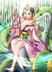  1girl bamboo bamboo_forest bare_shoulders barefoot blonde_hair blush chinese_clothes forest green_eyes hair_rings hotpepperman kettle meimei_(p&amp;d) nature orb puzzle_&amp;_dragons snake solo turtle_shell water 