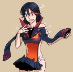  1girl black_hair blue_eyes brown_background claptrack kill_la_kill living_clothes matoi_ryuuko multicolored_hair musical_note panties redhead senketsu short_hair smile streaked_hair striped striped_panties two-tone_hair underwear 